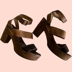 Bed Stu “Sophie” Platform Sandals – Size 9 Tri-Tone Leather & Wood Heels